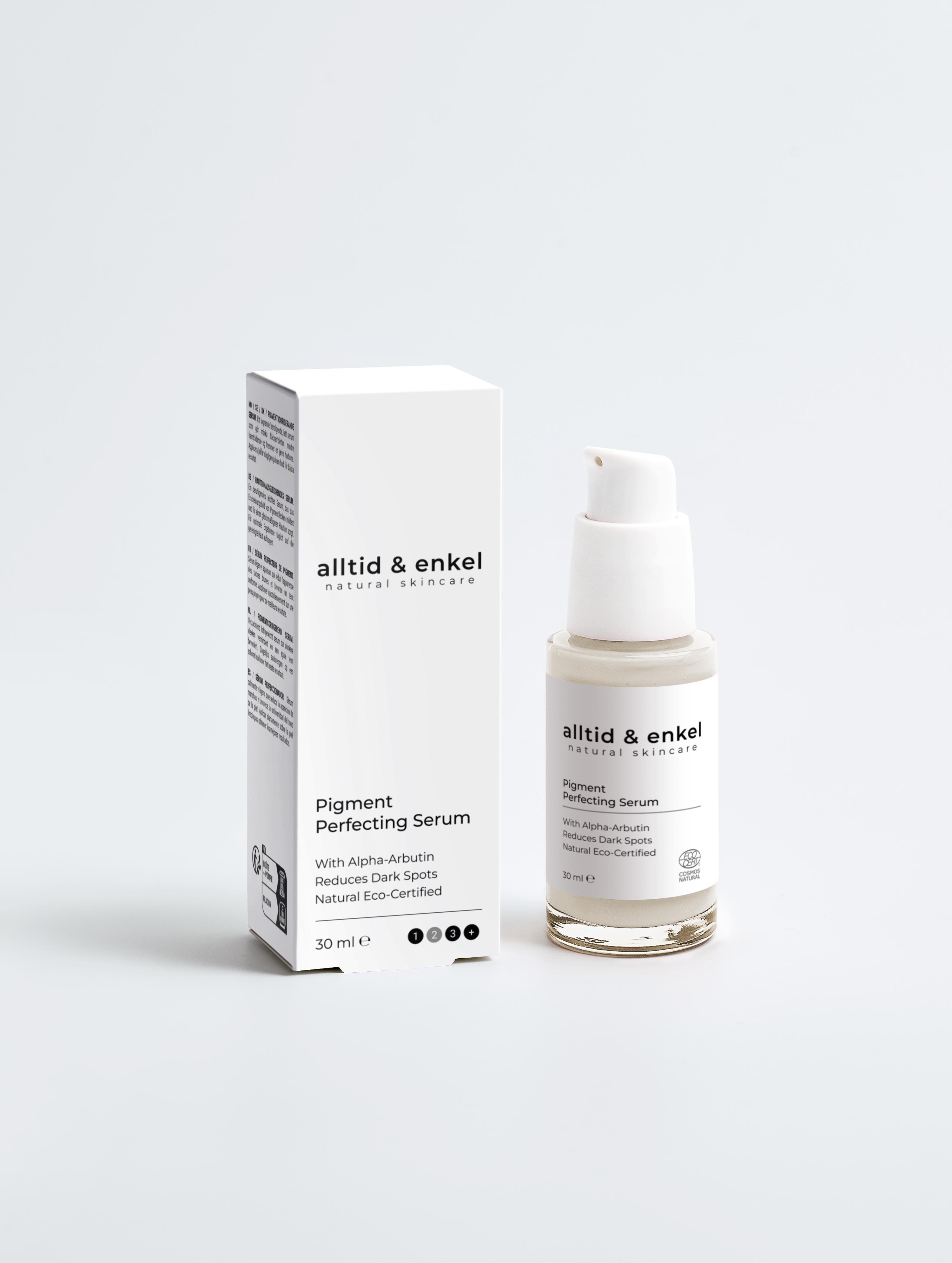 Pigment perfecting serum in a sleek white bottle with box on a white background, 30 ml.